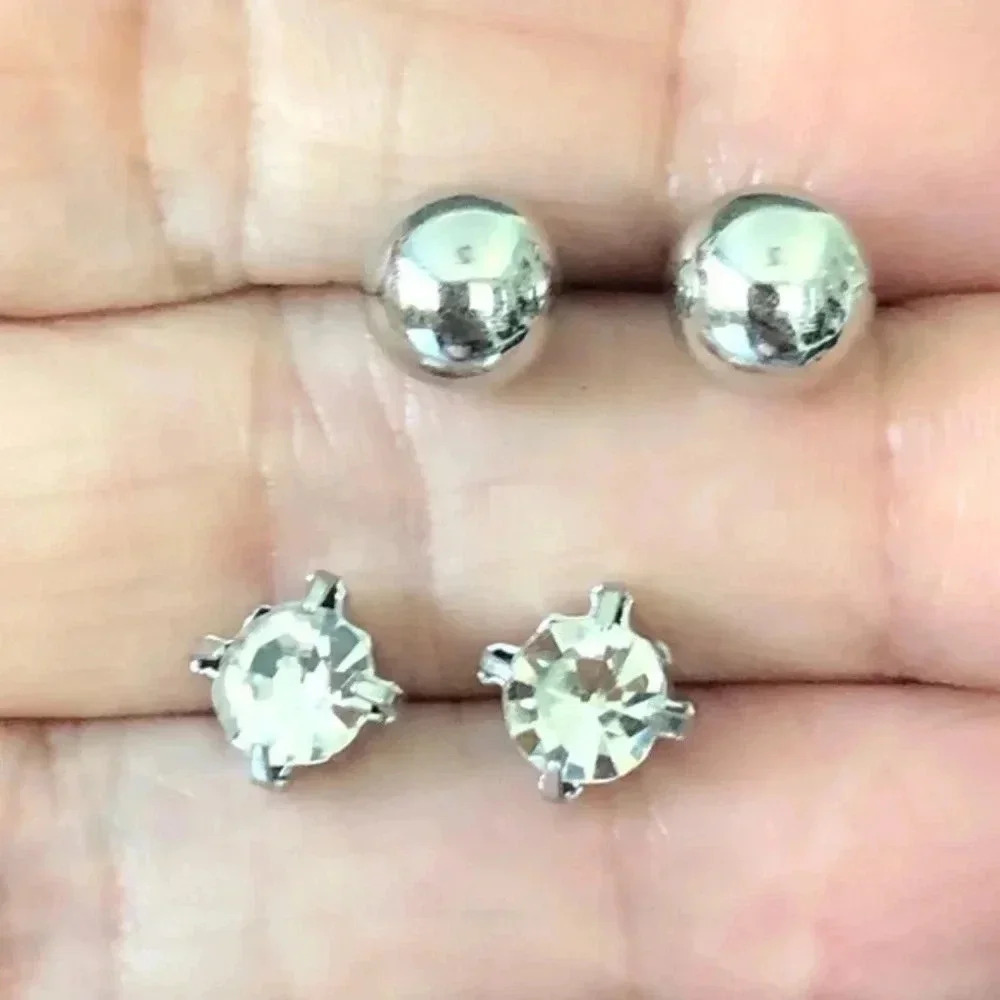 8mm Ball Studs & 6mm Crystal Stud Stainless Steel Earrings NWT